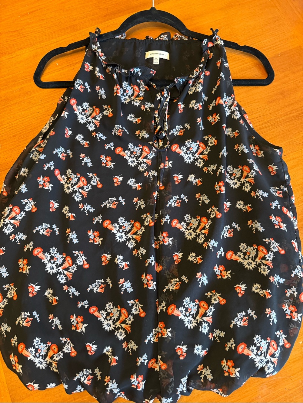 Max Studio Black Floral Tie-Front Sleeveless Blouse